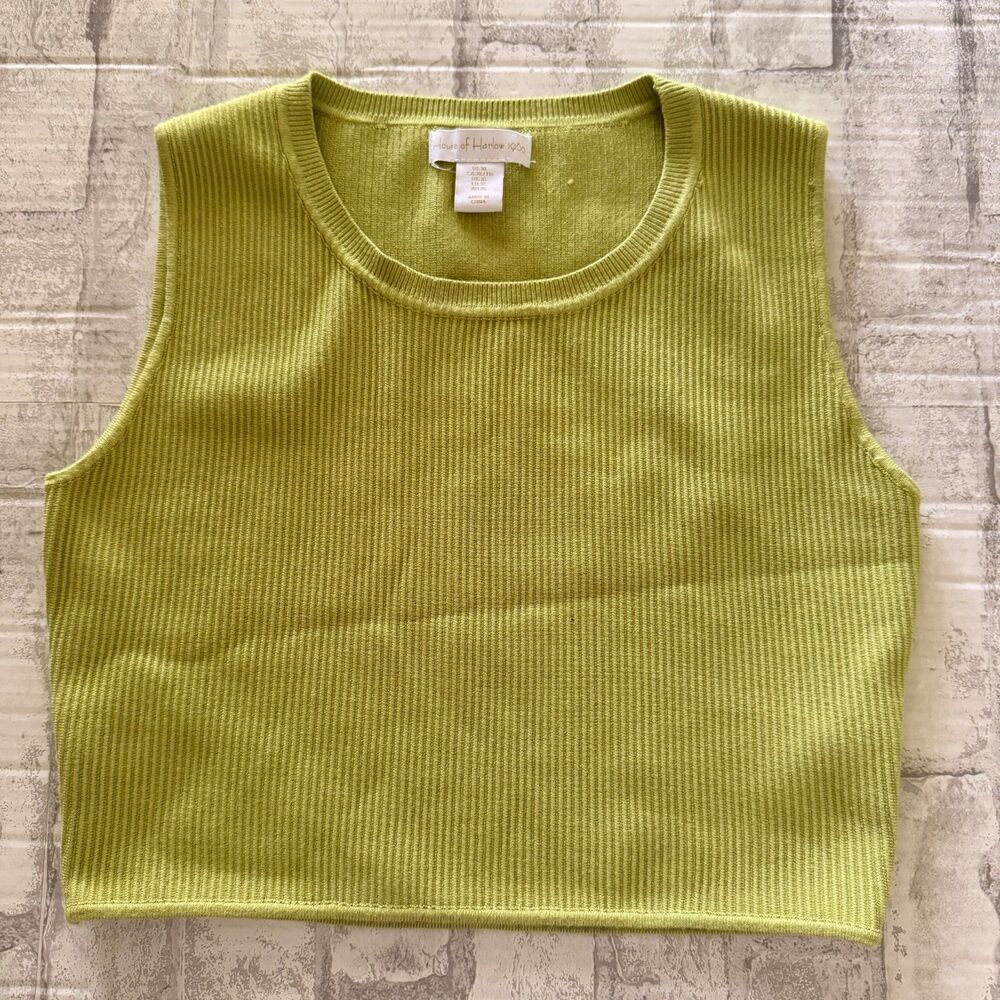 House of Harlow 1960 Green Ribbed Knit Sleeveless Cropped Tank Top Sz XL